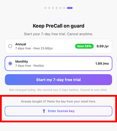 PreCall checkout screen with the Enter license key button highlighted